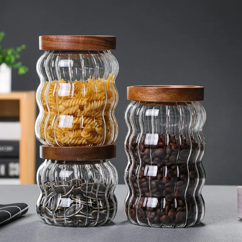 

Glass Storage Jars Acacia Wood Cover, Sealed Preservation Bottle, Coffee Bean Bottles, High-End, 350 ml, 500 ml, 700ml, 3 Units