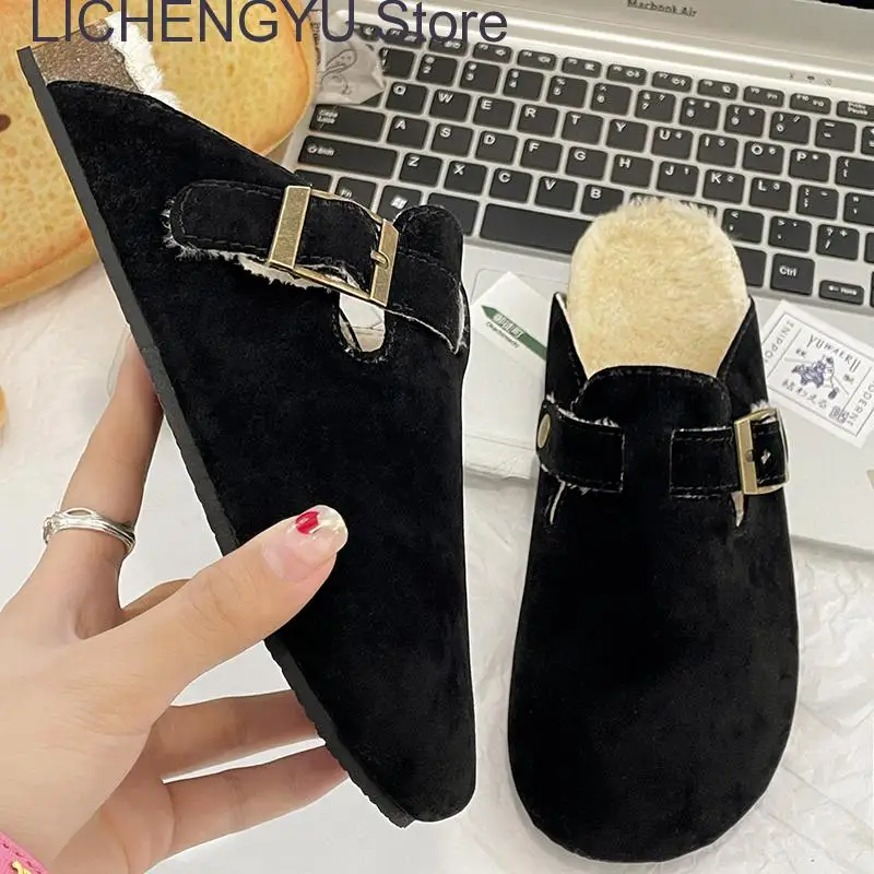 Fashion Women Winter Cork Slippers Closed Toe Artificial Fur Inside Low Heel Casual Soft Warm Fluffy Slide Shoe