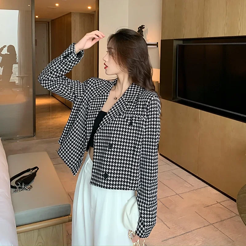 Fashion Houndstooth Blazer Suit Women Single Breasted All-Match Casual Office Blazer Office Lady 2024 New Commute Plaid Suit