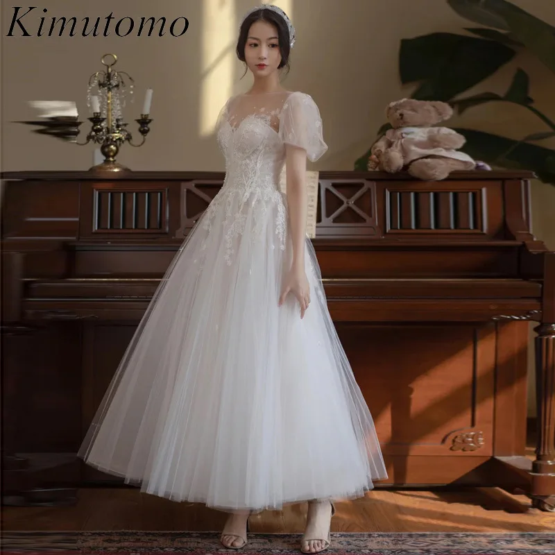 

Платье Kimutomo с вышивкой, элегантное женское платье для свадебной вечеринки, Сетчатое лоскутное белое платье, французское платье с открытой спиной и пышными рукавами