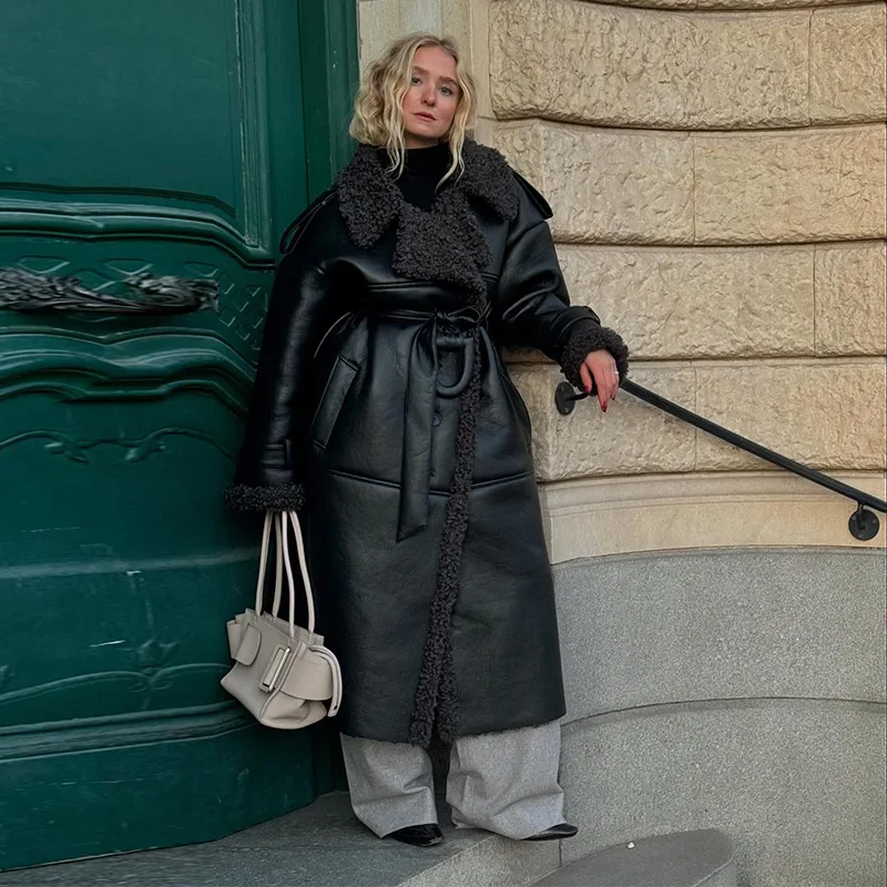 Fashion Lamb Wool PU Leather Long Jacket Women With Belt Patchwork Lapel Pocket Oversize Overcoat Winter Warm Thick Outwear