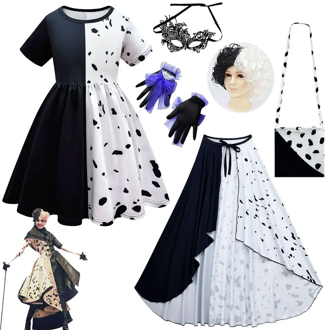 2023 Christmas Girls Cruella Dress Clothes Cruella De Vil Cosplay Black White Princess Dresses Parrucca Maschera Guanti Costume Di Halloween