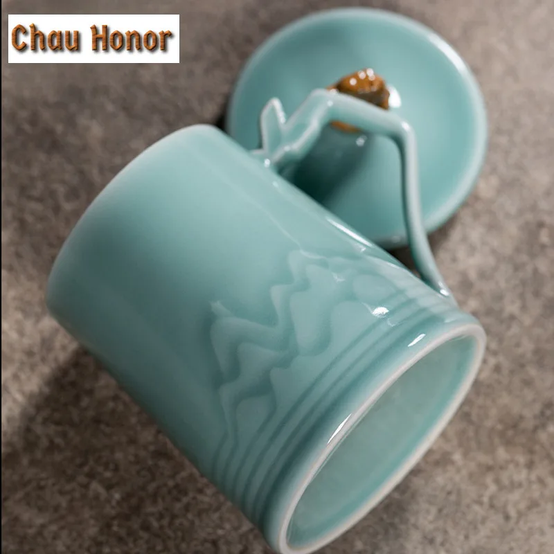 450ml Longquan Celadon Coffee Mug Couple Handgrip Cups Afternoon Tea Mug Water Ice Cold Juice Jug Office Water Cup Drinkware