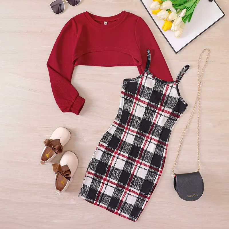 

Girls Autumn Clothes Sets Red Short Long Sleeved Top & Plaid Wrap Hip Dresses Set Junior Kids Fashion 2Pcs Outfits