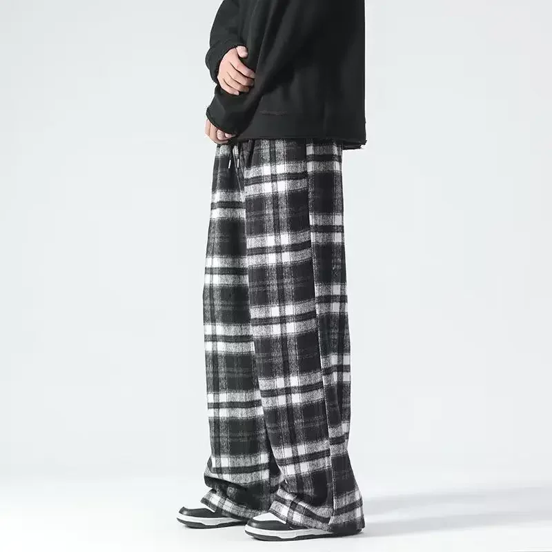 Spring new avocado green wool plaid casual pants trendy brand loose ins design straight wide leg pants korean style  plus size