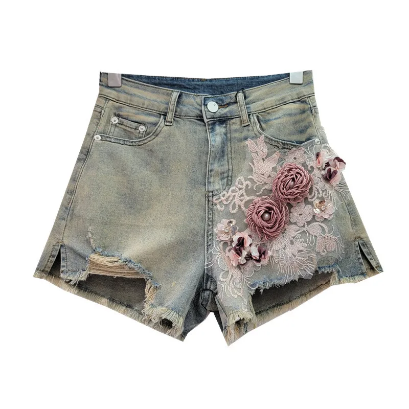 Embroidered Three-Dimensional Flower Straight Shorts 2024 Summer Retro Slimming Distressed Raw Edge Denim Shorts Women Clothing