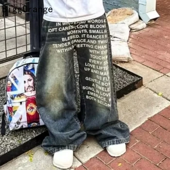 2025 American Fashion Jeans Letter Printing Pattern High Street Casual Wide Legs Y2K Men's Retro Gothic Trendy Casual Pants 1
