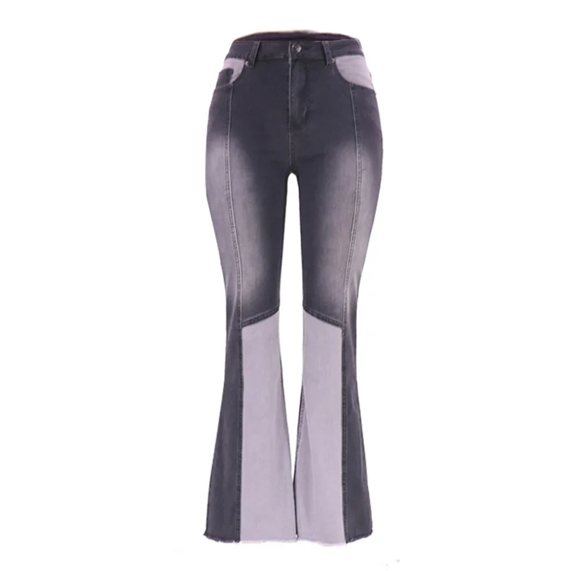 Women High Waist Color Contrast Patchwork Flared Jeans Comfortable Casual Commuter Wide Leg Denim Pants Female Stretch Trousers