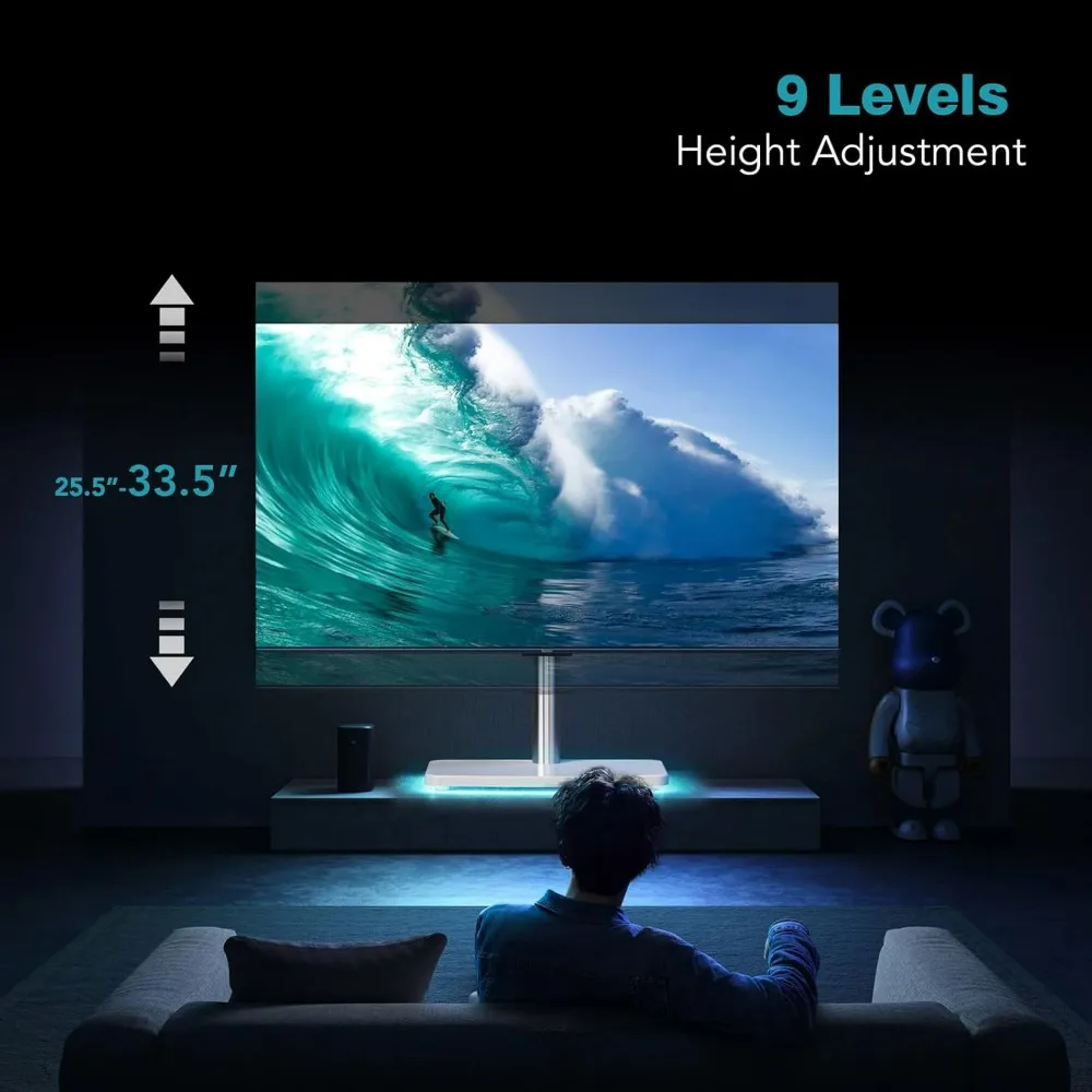 Adjustable Height Universal TV Stand for 50-90 Inch OLED and LED Monitors with Built-in Power Outlet and Ambient Lighting