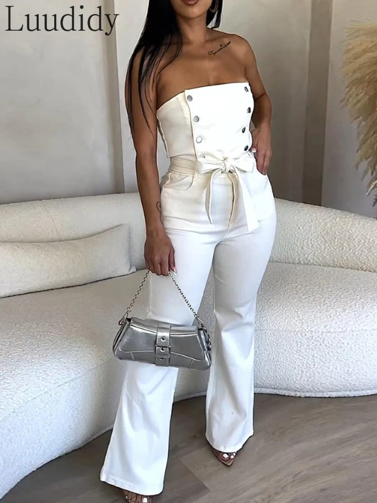 

2 Piece Set Women Buttoned Bandeau Top and Flared Pants Set