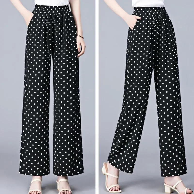 

2024 Women's Summer Patchwork Elastic High Waisted Polka Dot English Loose and Slimming Straight with Ice Silk Leg Pants Z712