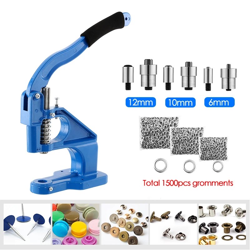 Grommet Eyelet Machine DIY Manual Snap Eyelet Press Tool with 1500pcs Grommets for Tarpaulin Curtains Belts Art Crafts Punching