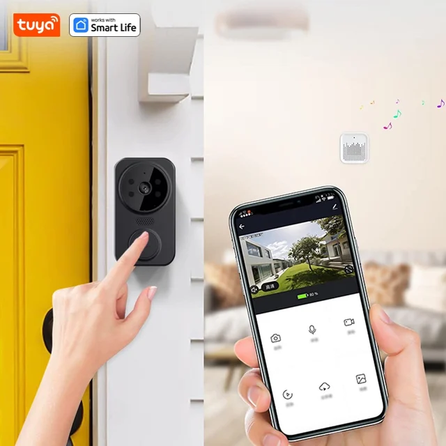 Tuya-Campainha doméstica inteligente com câmera, Wi-Fi, sem fio, DC, AC, alimentada por bateria, Bell com vida inteligente, preto 3