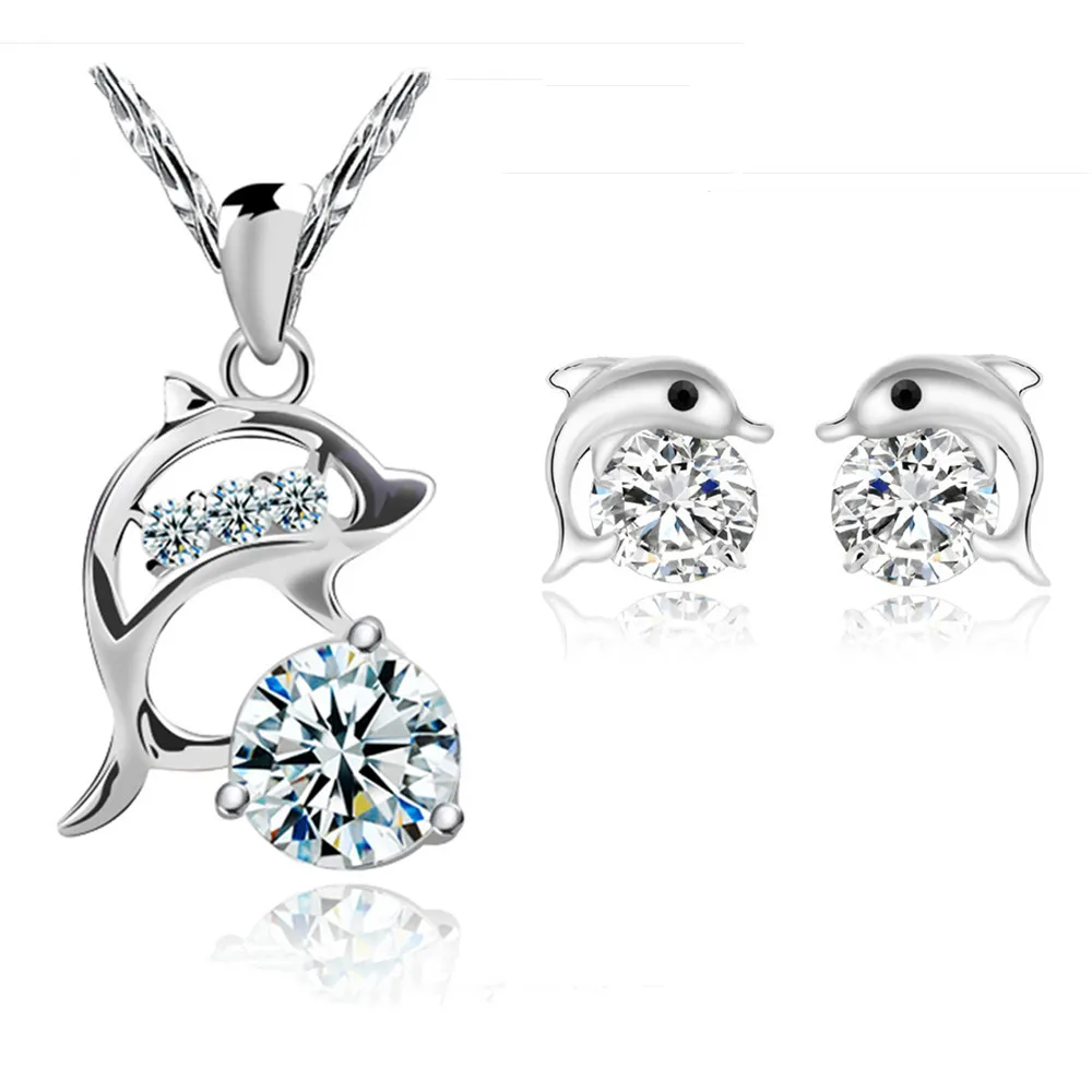 925 Sterling Silver Sakura Dolphin Zircon Elegant Jewelry Set Women's Earrings Necklace High Quality Jewelry