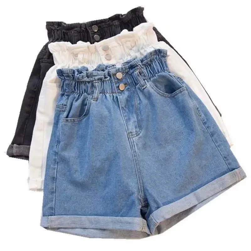 Ruffles Denim Shorts Elastic Waist Wide Leg A-line Hot Pants Korean Fashion High Waisted Shorts Jean Panst For Women 5XL