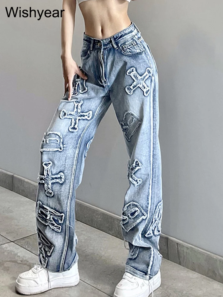 High Waist Letter Ripped Jeans Fashion Women Winter Straight Trousers Denim Baggy Pants Spring Ladies Y2K Streetwear Wholesale