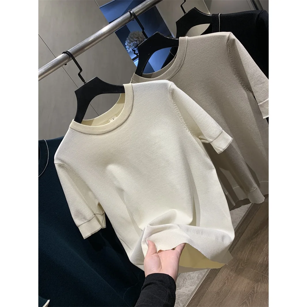 Camiseta de punto elástica de manga corta con cuello redondo, suave, cómoda y transpirable en color sólido para primavera y verano
