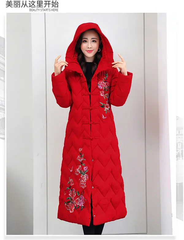 Winter Down Cotton Padded Women Chinese National Style Embroidered Long Outwear Thickened Warm Hooded Parka Coat Female