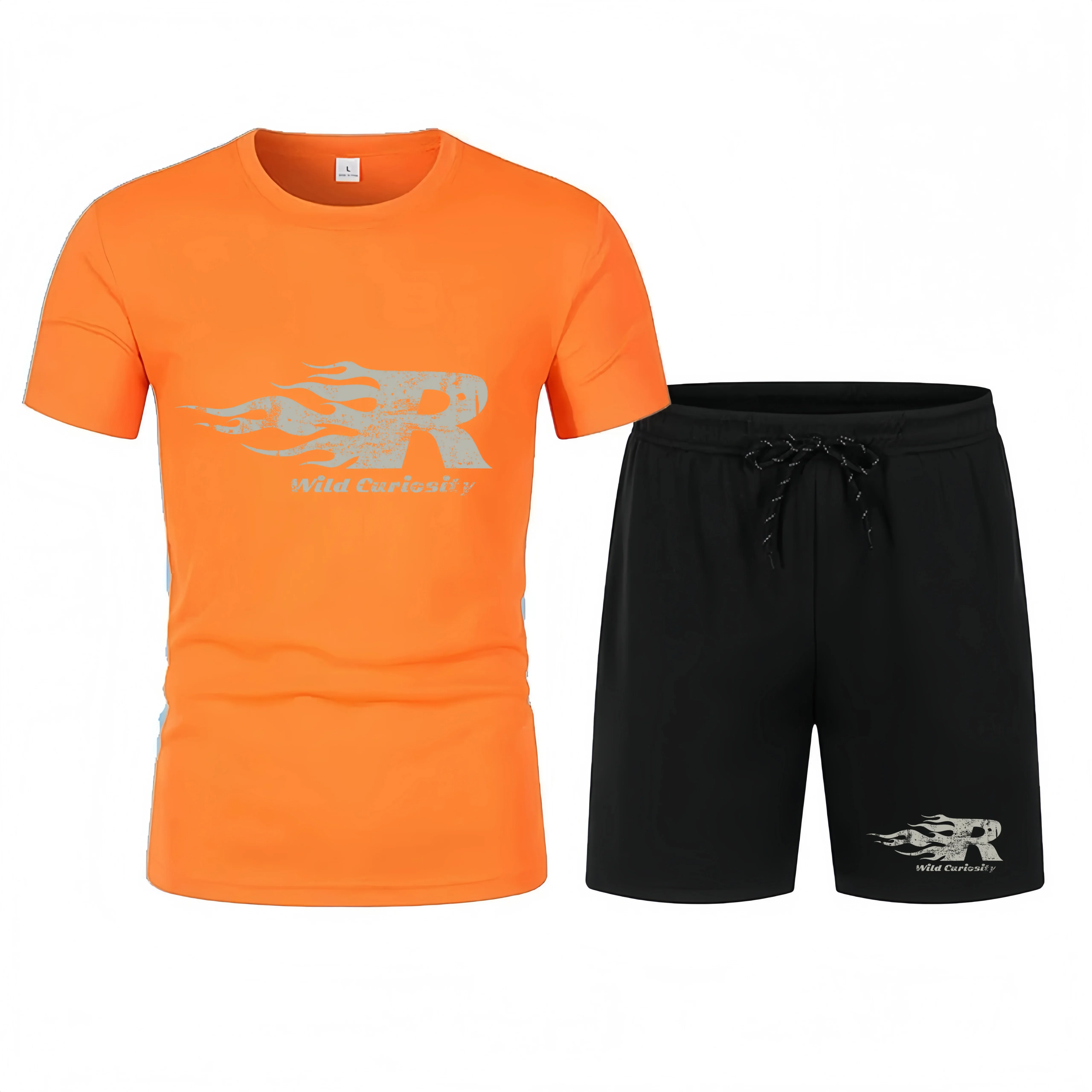 Orange t-shirt and black shorts set with red logo and text on a white background