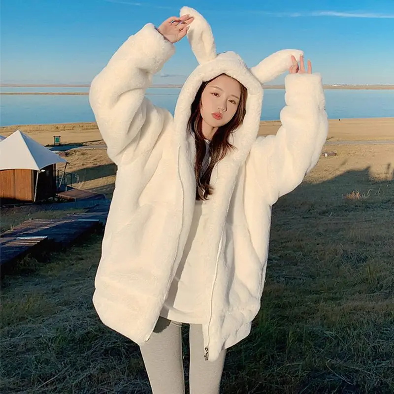 Coat Women's Pure White Thick Warm Cartoon Rabbit Ear Shape Loose Casual Cute Lamb Wool Long Sleeve Temperament Commute Comfort