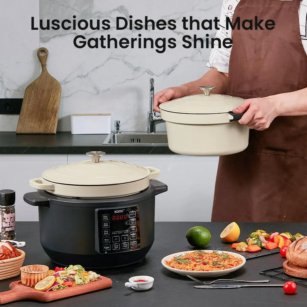 10-in-1 Slow Cooker 6 qt White, Electric Dutch Oven, Slow Cook, Braise Pot, Sear/Sauté, Enameled Cast Iron with Self-Bastin 3