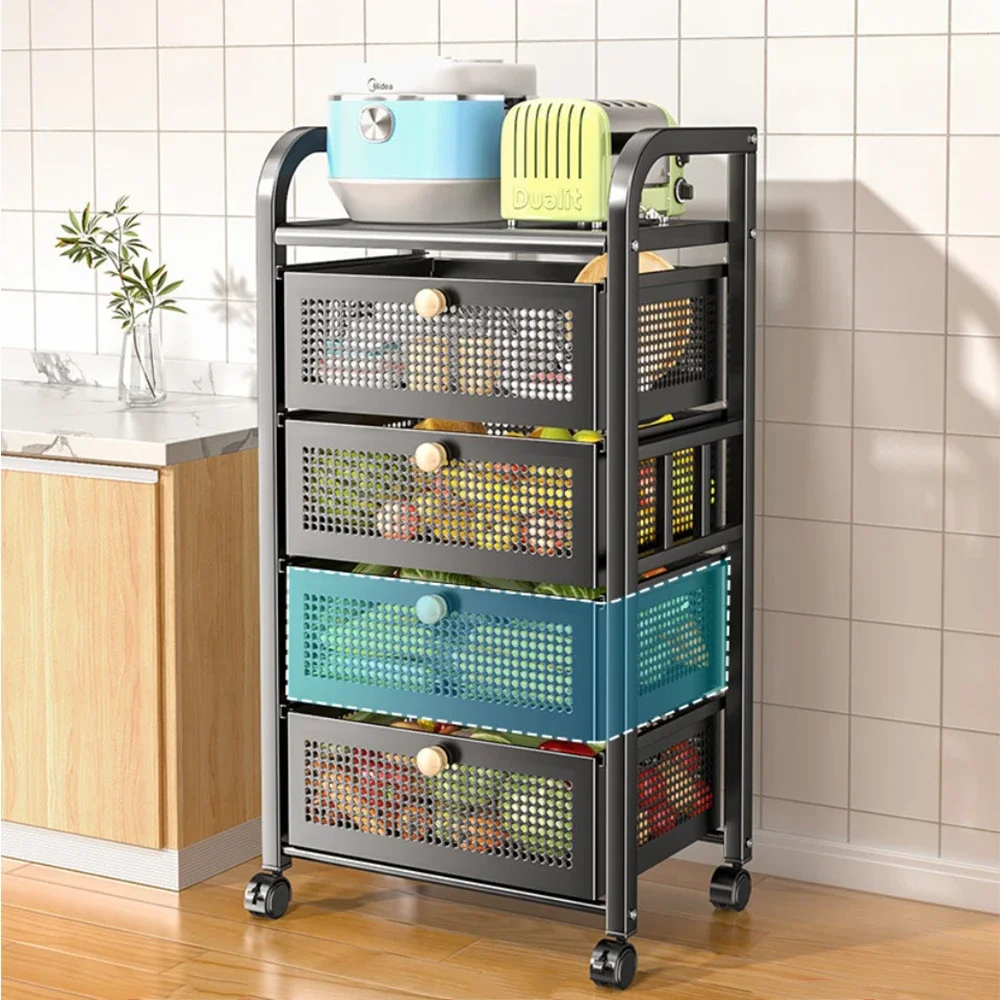 Kitchen Trolley With Basket Kitchen Storage Rack And Hand Pull-Out Layered Trolley Floor-To-Ceiling Multi-Layer Storage Rack