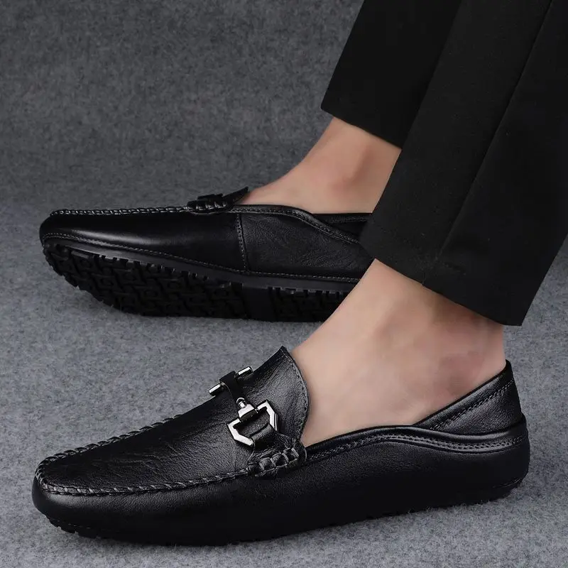 Flat Moccasin Square Toe Men's Leather Shoes Dress Business Formal Male Casual Shoe Loafers Soft Elegant Designer
