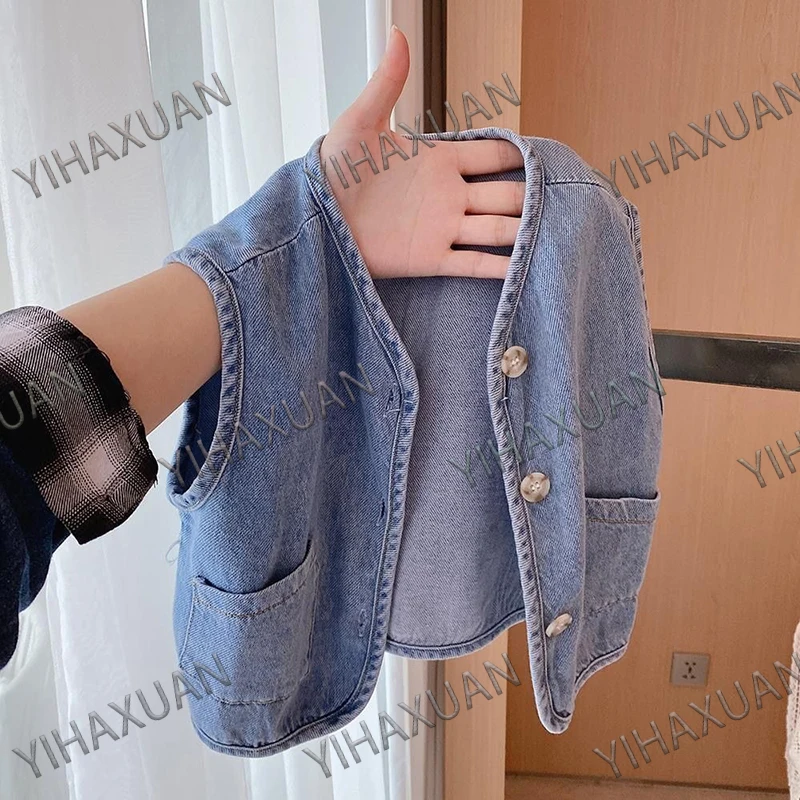 용수철 가을 어린이 데님 조끼, 1-8 세 남아 여아 민소매 재킷, 다목적 조끼, 어린이 캐주얼 겉옷 패션