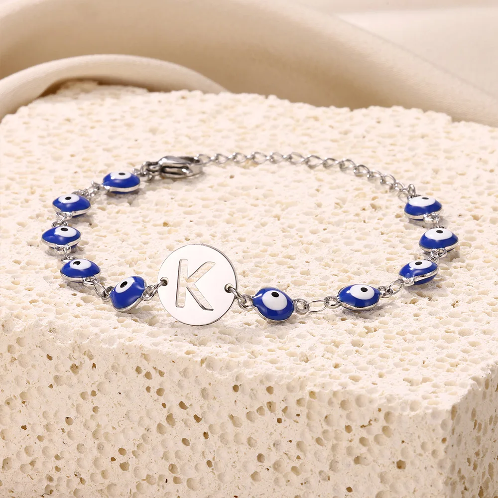 Turkish Blue Eye Letters Bracelets For Women Girl Men Jewelry Stainless Steel Silver Color Initials Round Bracelet Femme