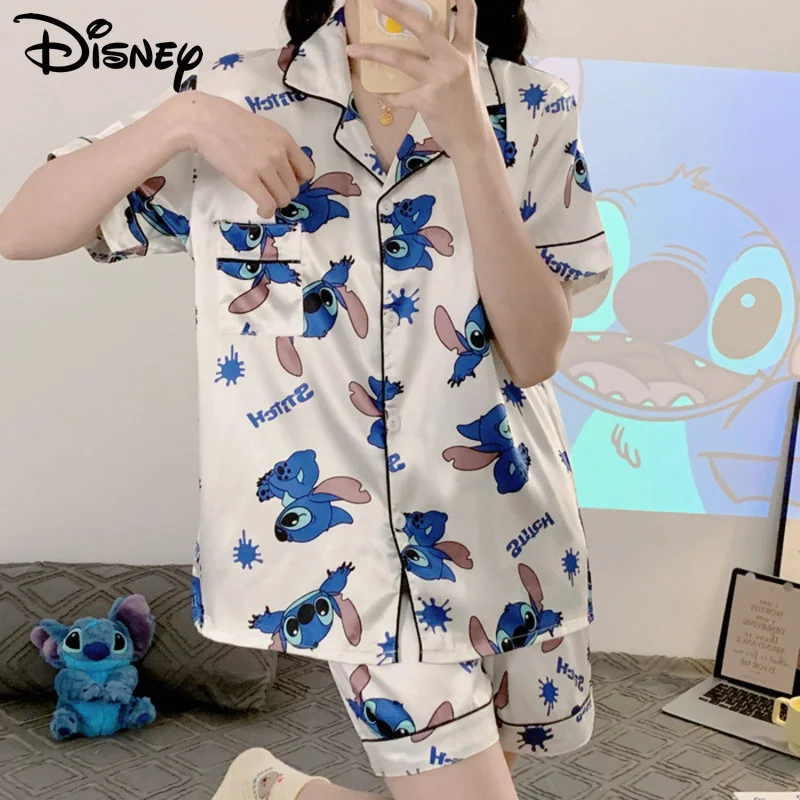 Disney-Conjunto de pijama feminino, curto sedoso, overszie verão, manga  curta, desenho animado bonito, roupa de seda gelada - AliExpress