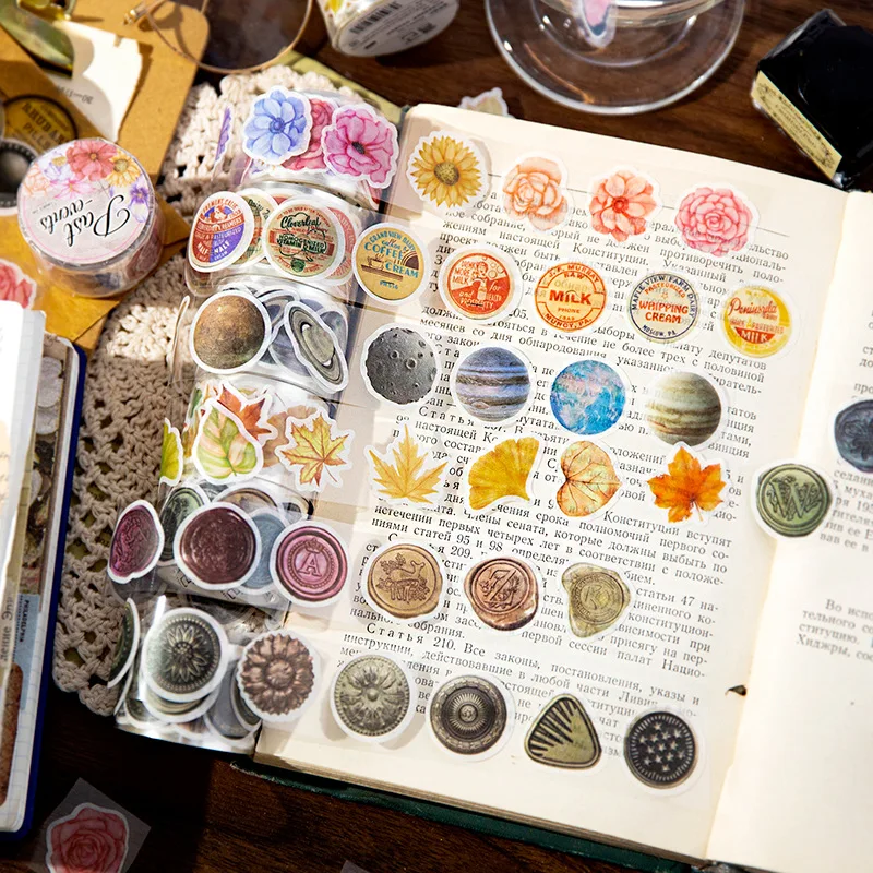 

Vintage Sealing Wax Button Planet Masking Washi Tape Retro Flower Leaves Decorative Adhesive Material Sticker Label Scrapbooking