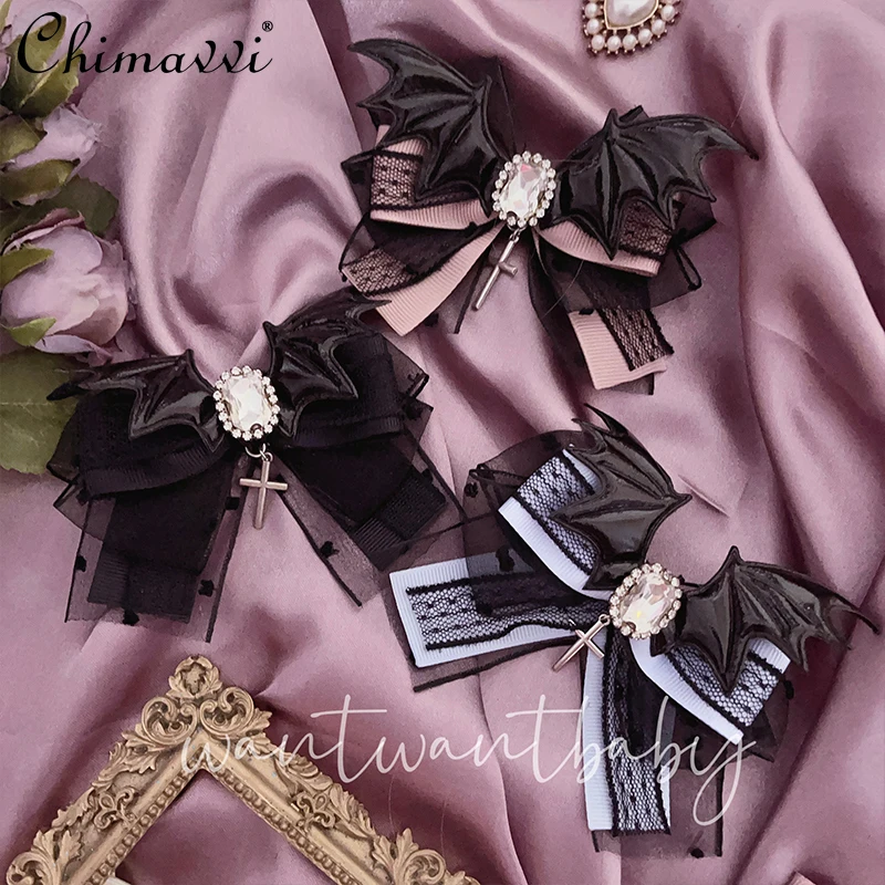 Mine Series Mass-Produced Subculture Bat Demon Wings Rhinestone Cross Clips Sweet Lace Side Clip Bow Barrettes Hair Accessories sweet sparkling pink rhinestone flower hair clip korean new barrettes trendy metal hairpin hair accessories for girls headdress