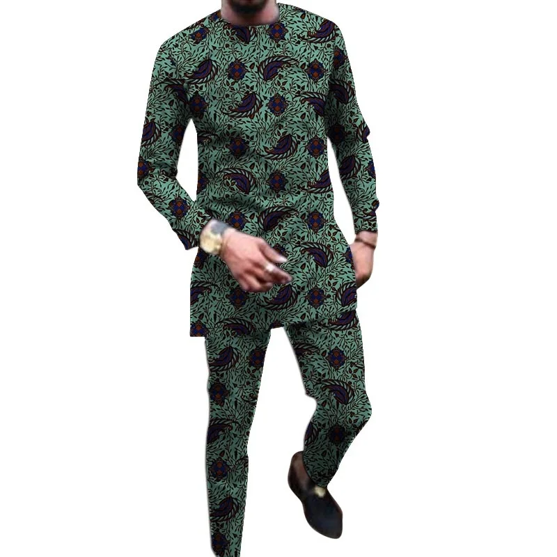 Nigeria Style Tops+Trousers Men Suit African Print Male Shirt With Pant Sets Wedding Party Costume brand new african man outfit set gray patchwork tops design printed men s sets shirt with pant african fashion male groom suits