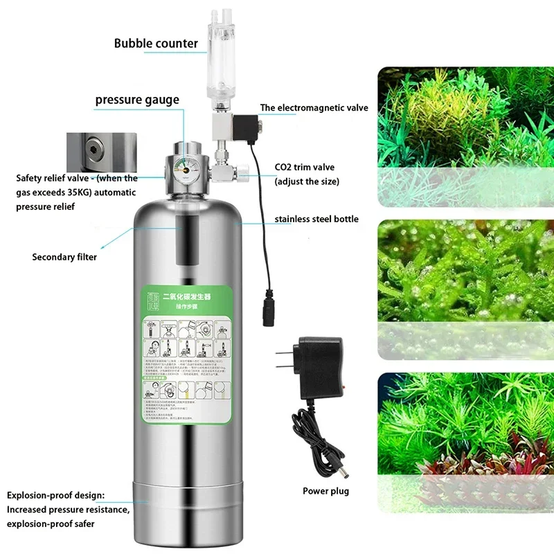 1L 2L CO2 Cylinder Generator System Aquarium CO2 Generator Stainless Steel Water Injection Bubble Meter Aquatic Plant Fish Tank co2 generator kit,aquarium co2 generator