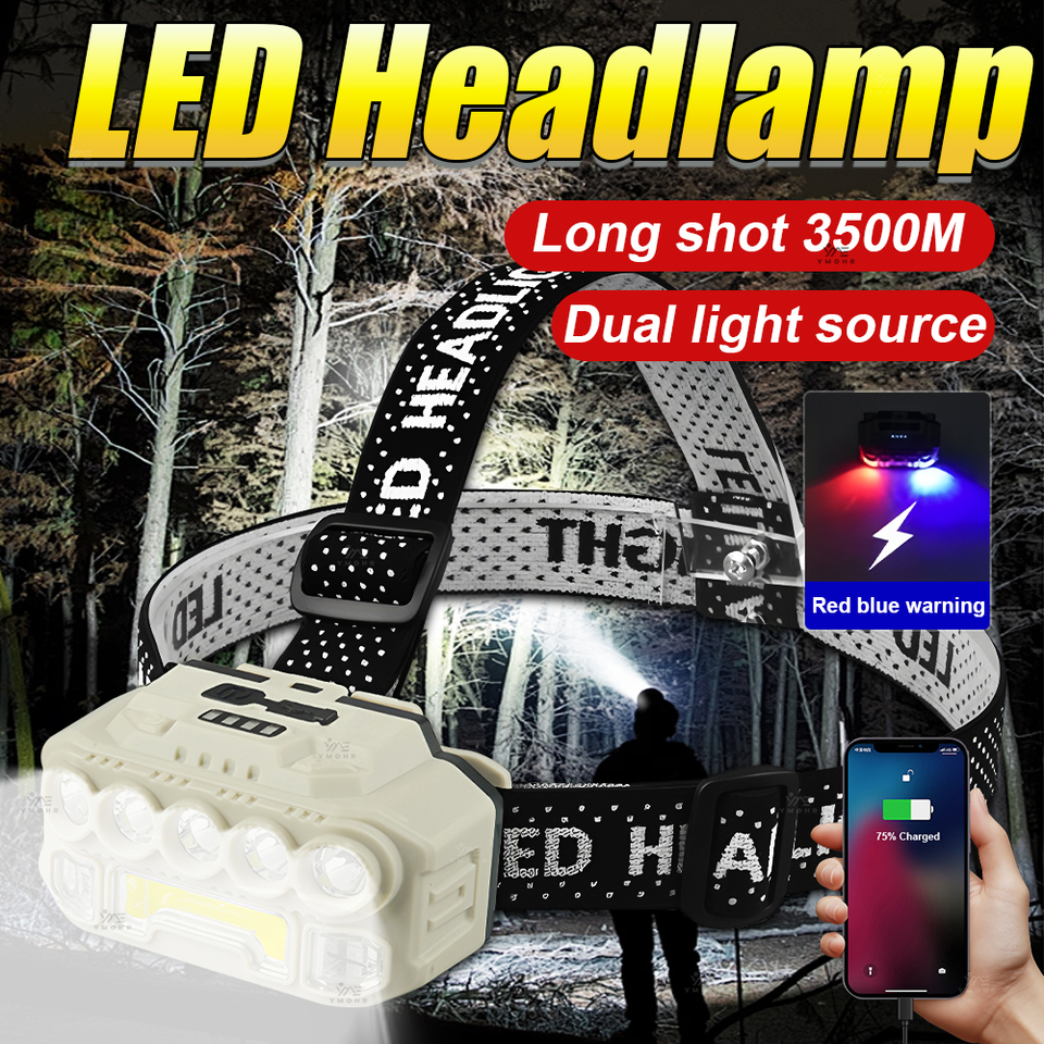 Dual Light Source Headlamp 5Modes LED HeadLamp USB Rechargeable Headlight LED Flashlight Outdoor Waterproof Fishing Head Lantern