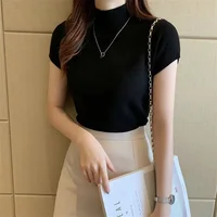 Women Spring Summer Knitted Pullover Sweater Lady Casual Turtleneck Solid Color Short Sleeve Blouse Pullover - Image 4