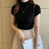 Women Spring Summer Knitted Pullover Sweater Lady Casual Turtleneck Solid Color Short Sleeve Blouse Pullover 4