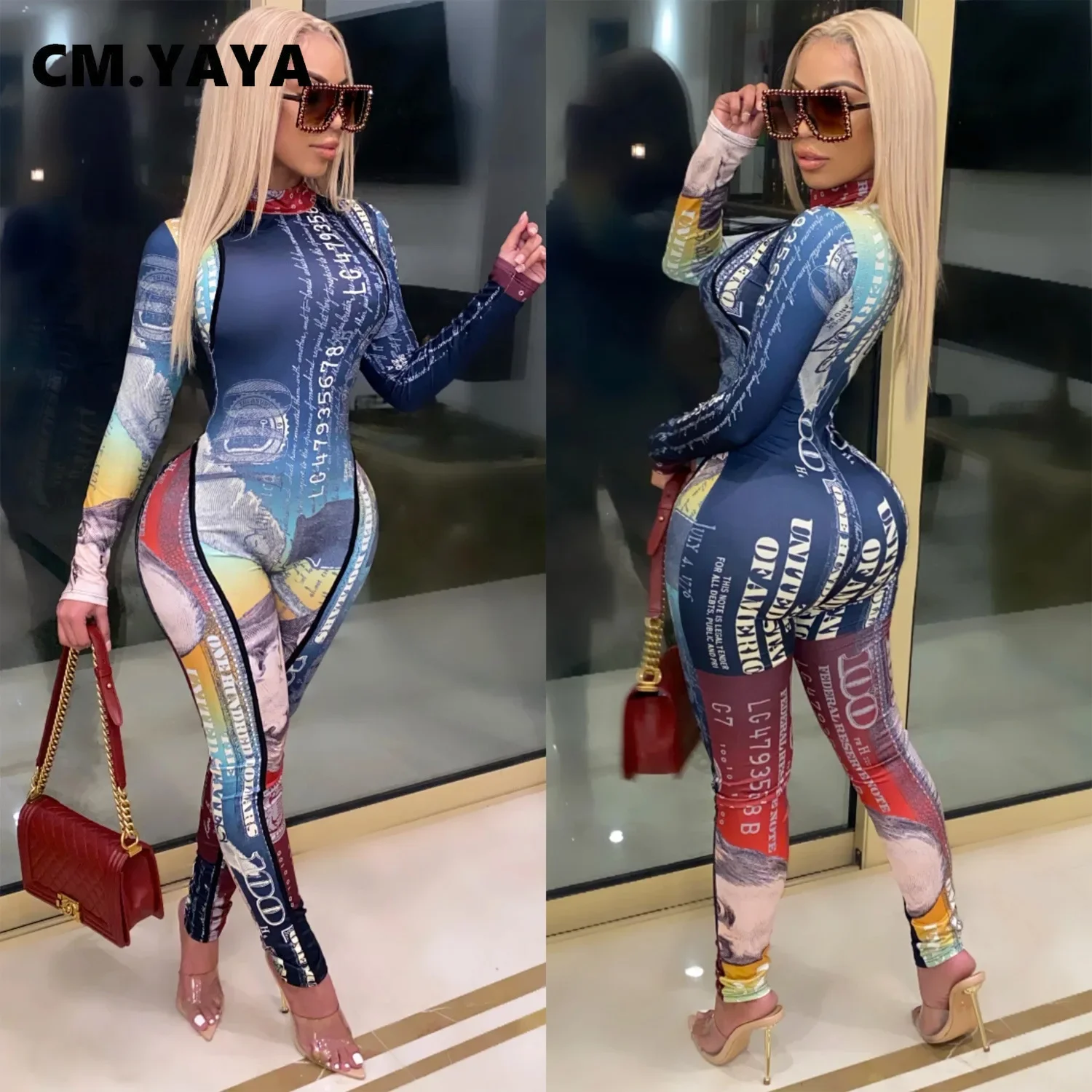 OCUH Y2K Long Sleeve Bodysuit Jumpsuit Cute Print Bodycon Jumpsuit