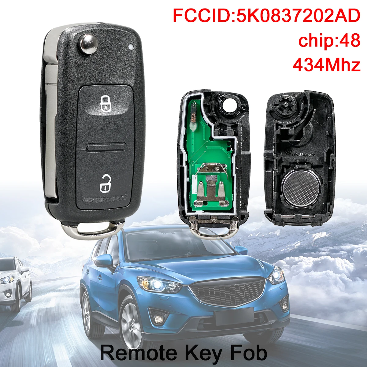 2 Buttons 433MHz  Keyless Smart Remote Car Key Fob with ID48 Chip5K0837202AD Fit for Volkswagen VW  Transporter 2011-2016 433mhz 3 buttons keyless uncut flip car key remote key fob with id48 chip 4d0837231k fit for audi a6 tt old models