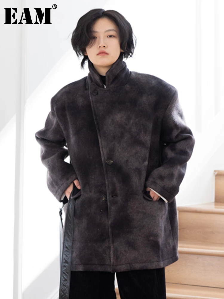 

[EAM] Loose Fit Black Big Size Tie Dye Woolen Coat New Lapel Long Sleeve Women Jacket Fashion Tide Autumn Winter 2023 1DH0109