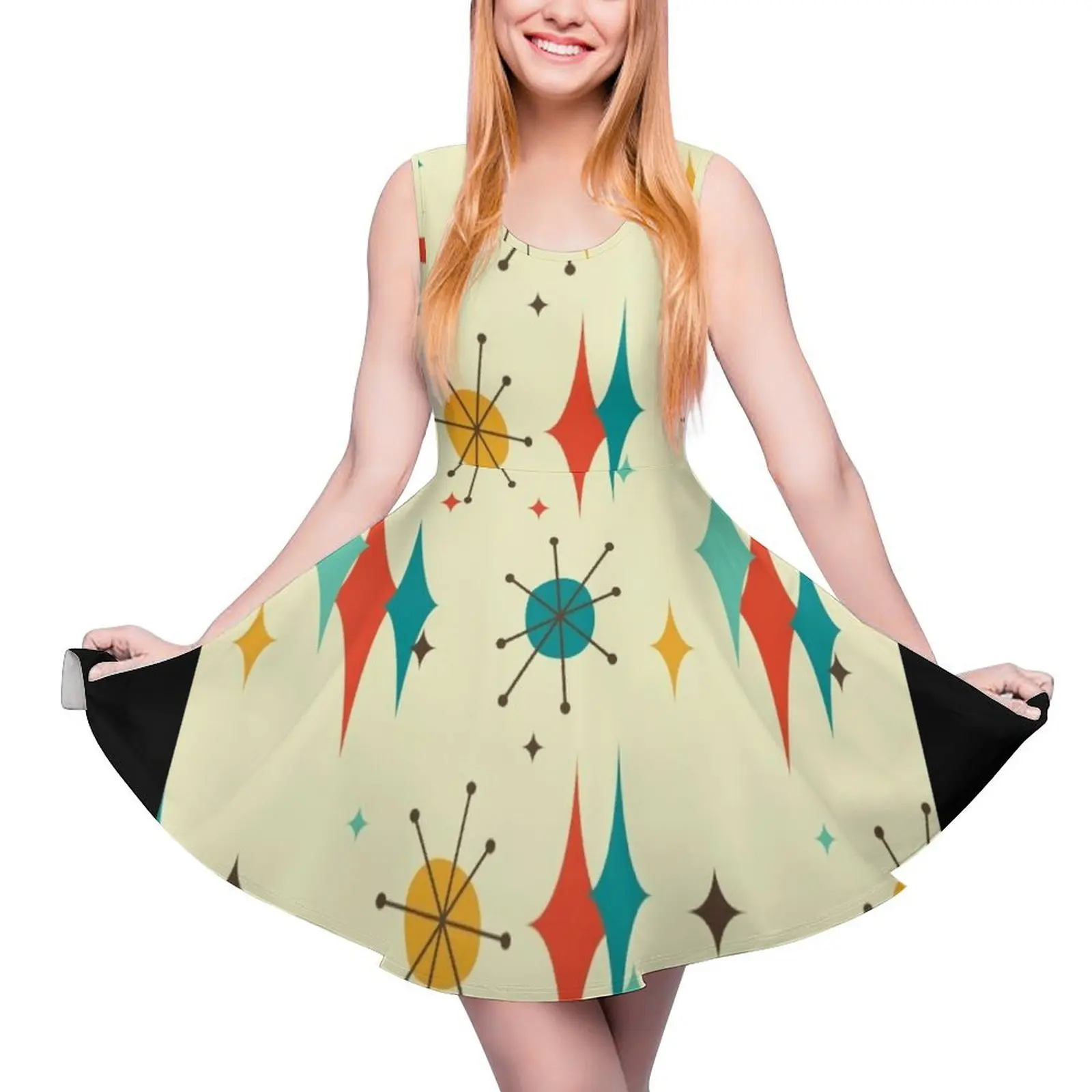 Retro Atomic Burst and Diamonds Mid Century Modern in Orange, Blue & Cream Sleeveless Dress woman dress beach dress