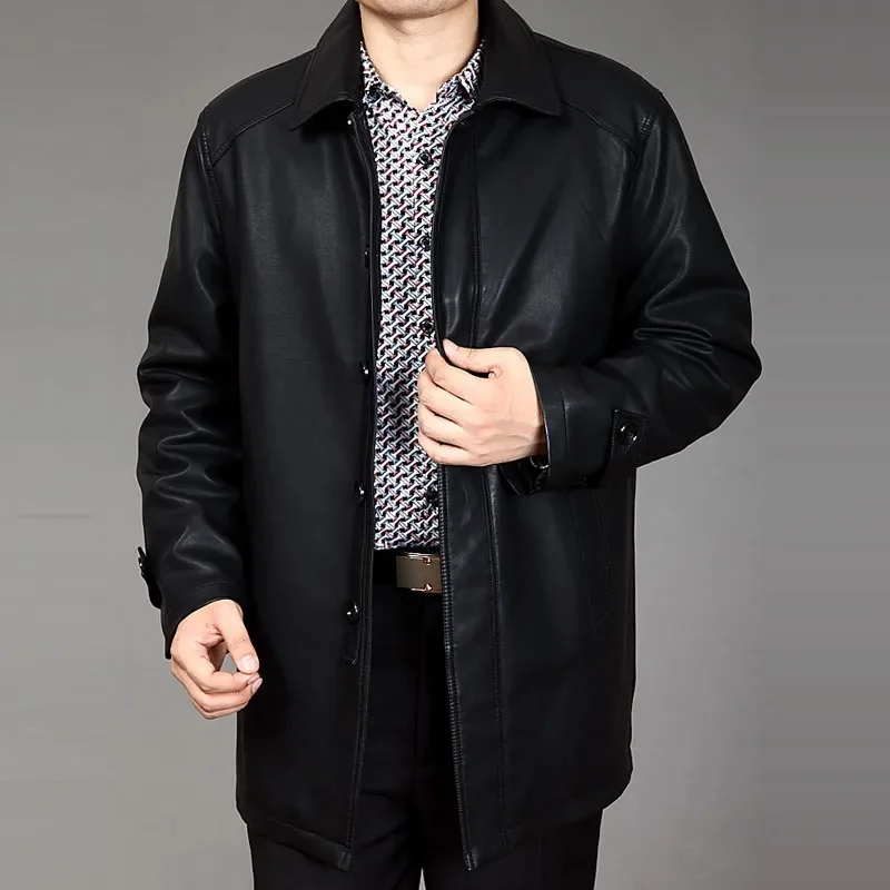 

Autumn Winter Coat Men Clothing Medium Long Plush PU Leather Jacket Male Clothes Stand Collar Single Breasted Jackets Chaquetas