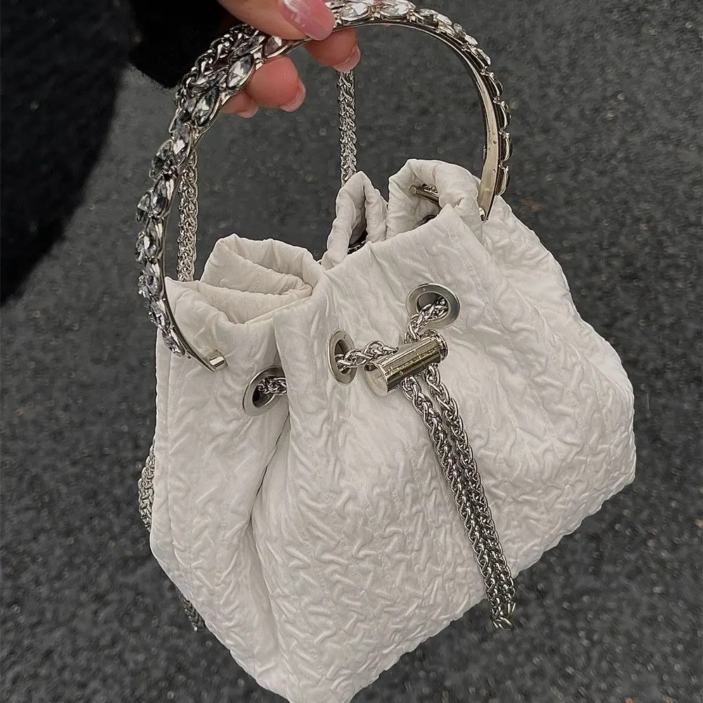 

Korean Style Drawstring Bucket Bag Fashion Diamond Handle One-shoulder Solid Color Crossbody Bag Office Worker
