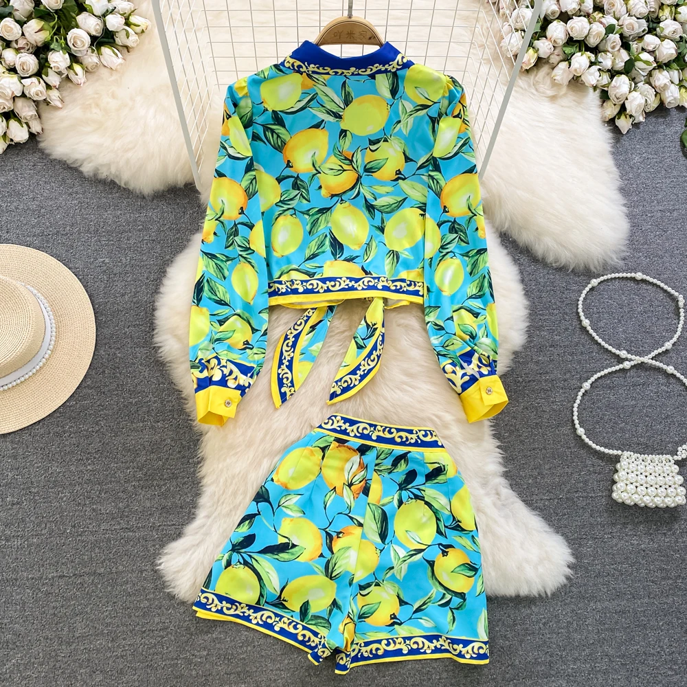 

Runway Shorts 2 Piece Set 2023 Summer Women Long Sleeve Cross Bow Blouses Tops and High Waist Shorts Suits Outfits M6761