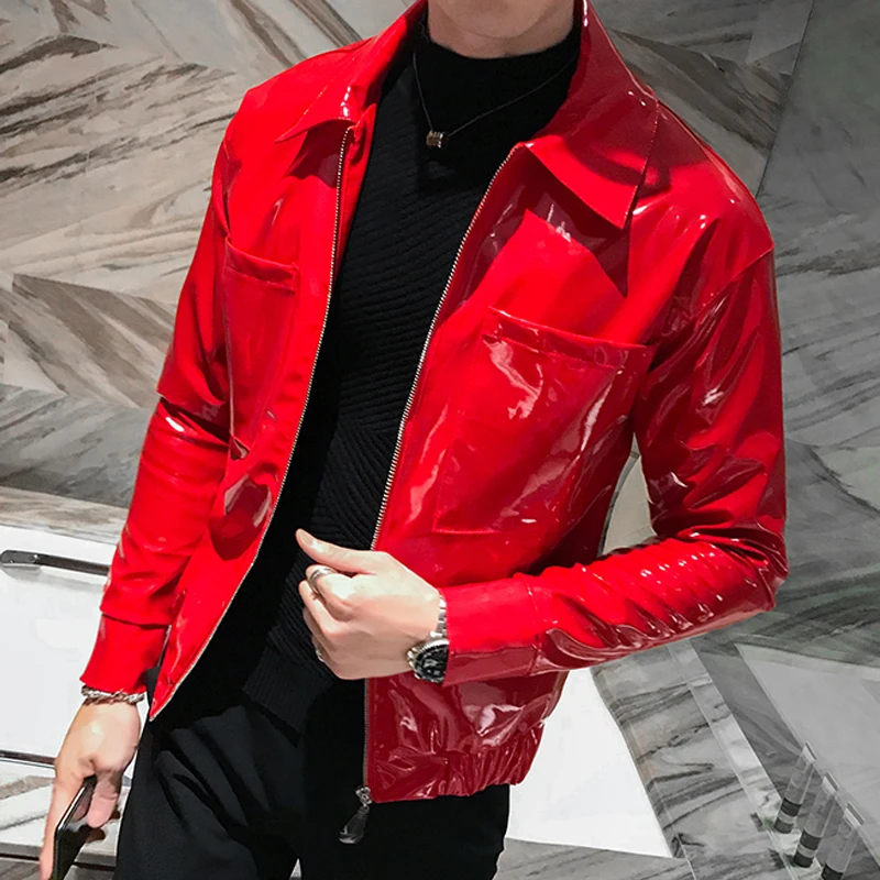 Shiny Faux Leather Men Red Black Autumn Fashion Slim Fit PU Leather Motorcycle Jacket Singer Dance Club Party Stage Costume Male kpop korean singer women party summer new red a line temperament dress lady korean solid puff sleeve square collar mini dresses