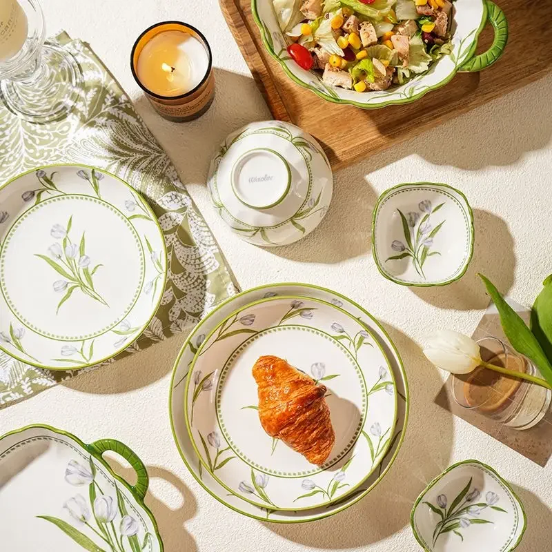 Light Purple Tulip Ceramic Tableware,Household Underglaze Color Dish Set,Romantic Color Kitchen Utensils,Safe Craftsmanship