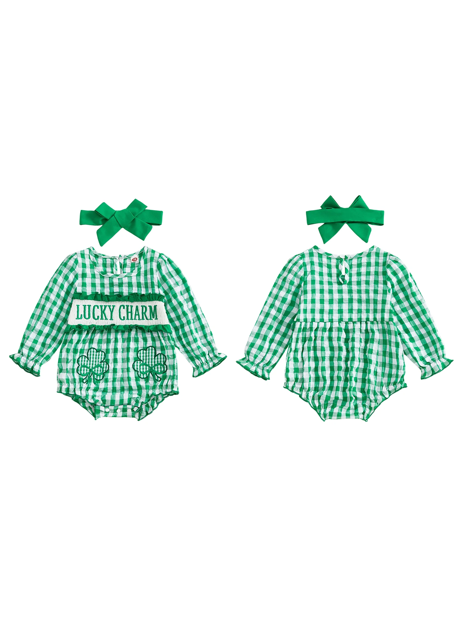 Stylish Baby Boy Green Plaid Romper Adorable Clover Embroidery Short Sleeve Smocked  with Matching Hat