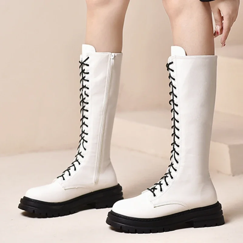 

Женские ботинки на шнуровке, зимние однотонные высокие ботинки с круглым носком, на платформе, 2023
