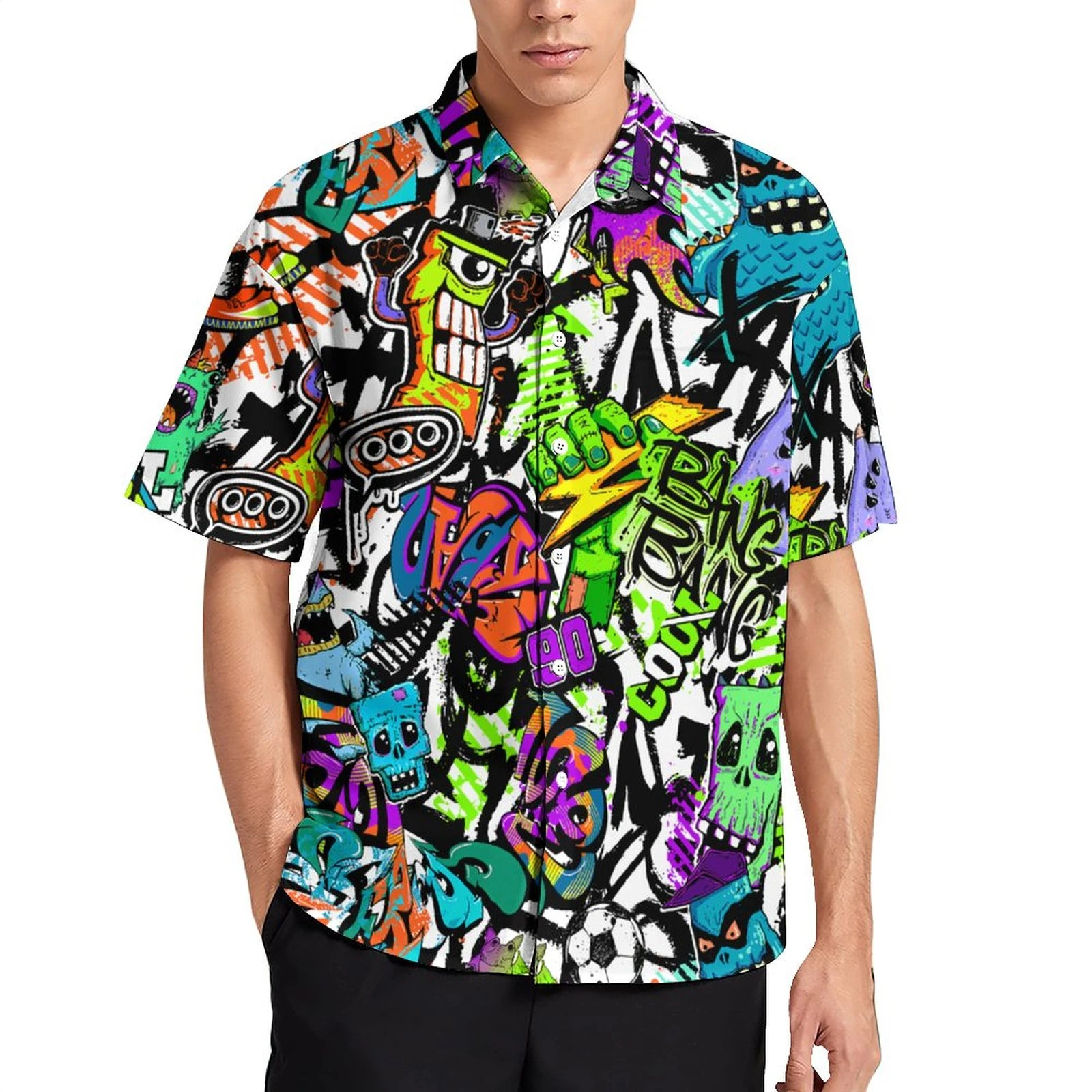 Camisa hawaiana con estampado Vintage de años 80 para hombre, camisas con Graffiti de monstruo abstracto, blusas de tendencia de manga corta de verano| | - AliExpress