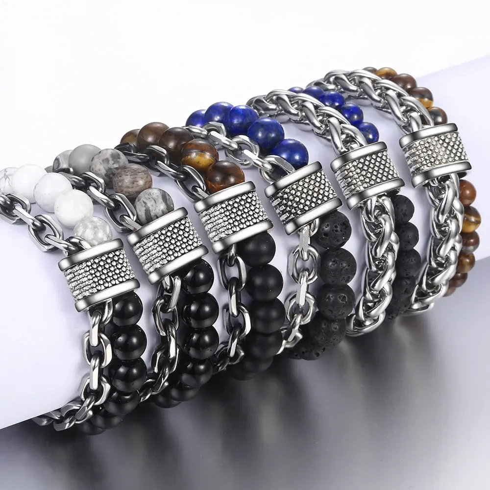 New 2020 Men's Tiger Eye Stone Beaded Bracelet Stainless Steel Gunmetal Link Chain Yoga Bracelet Male Jewelry Dropshipping